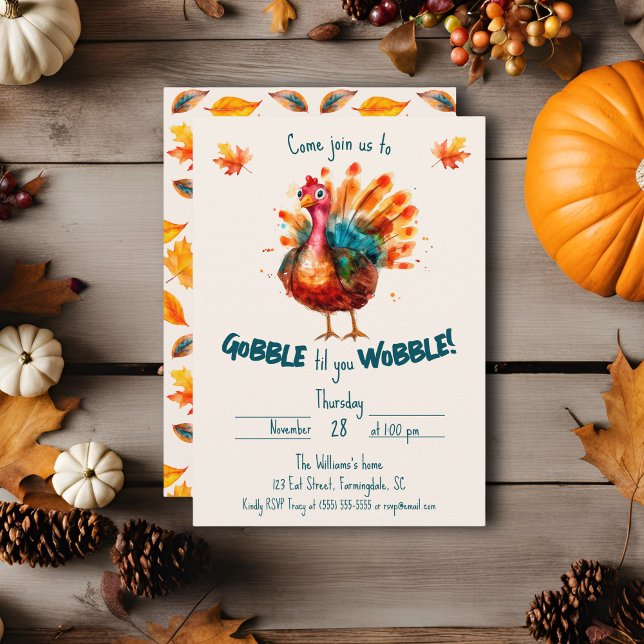 Convite Quirky Watercolor Turkey Ação de Graças (Gobble til you Wobble Thanksgiving invitation)