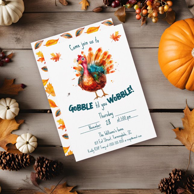 Convite Quirky Watercolor Turkey Ação de Graças (Watercolor "Gobble til you Wobble" invitation with fall leaves and white background)