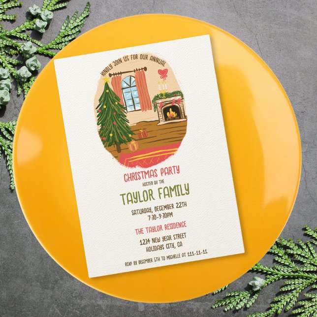 Convite Quirky Whimsical Hand Desenhou Festa de Janto de N (whimsical christmas decorated cosy room dinner party invitation)