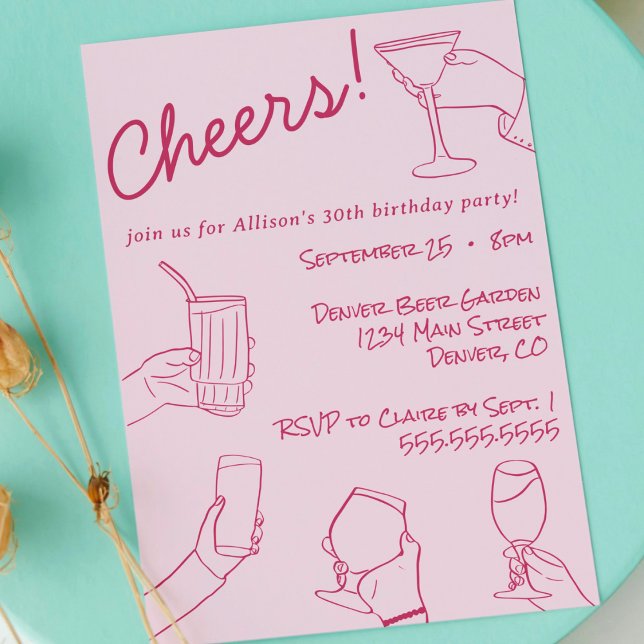 Convite Quirky Whimsical Shand Drawn Party (pink whimsical quirky hand drawn doodle cheers adult birthday party invitation cute modern sketch)