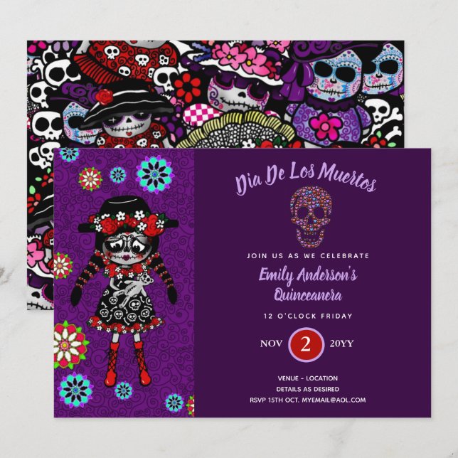 Convite QUNICEANERA Day of the Dead Sugar Skull Sweet 16 (Frente/Verso)