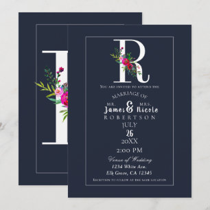 Convite R Monograma Última Inicial Moderno Azul Floral Cas