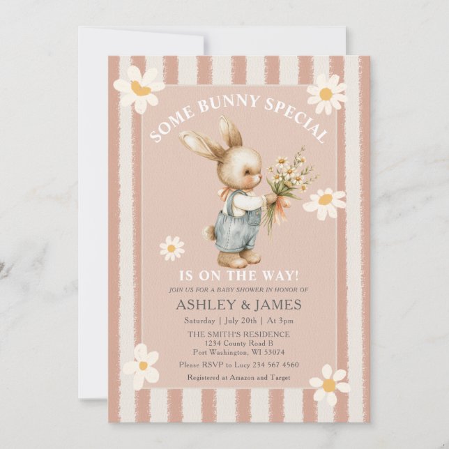 Convite Rabbit Daisy Flower Alguns coelhos estão a caminho (Frente)