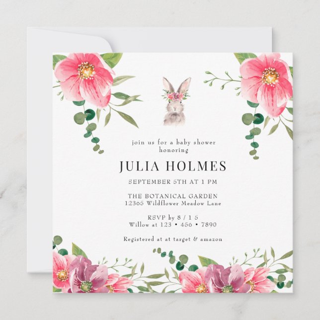Convite Rabbit Floral | Chá de fraldas verde (Frente)