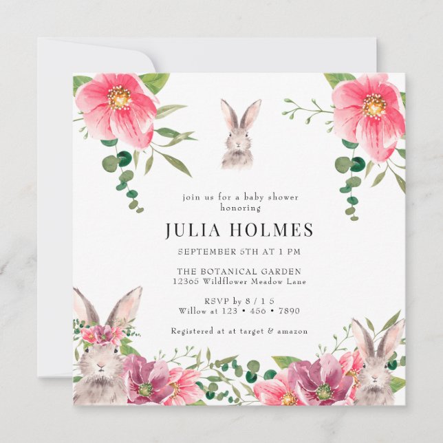 Convite Rabbit Floral | Chá de fraldas verde (Frente)