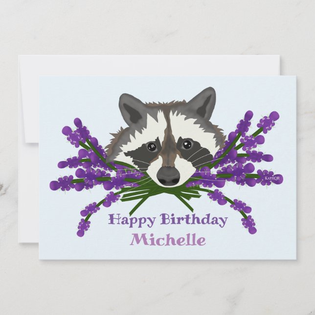 Convite Raccoon com lavanda. Feliz aniversário (Frente)