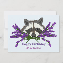 Convite Raccoon com lavanda. Feliz aniversário