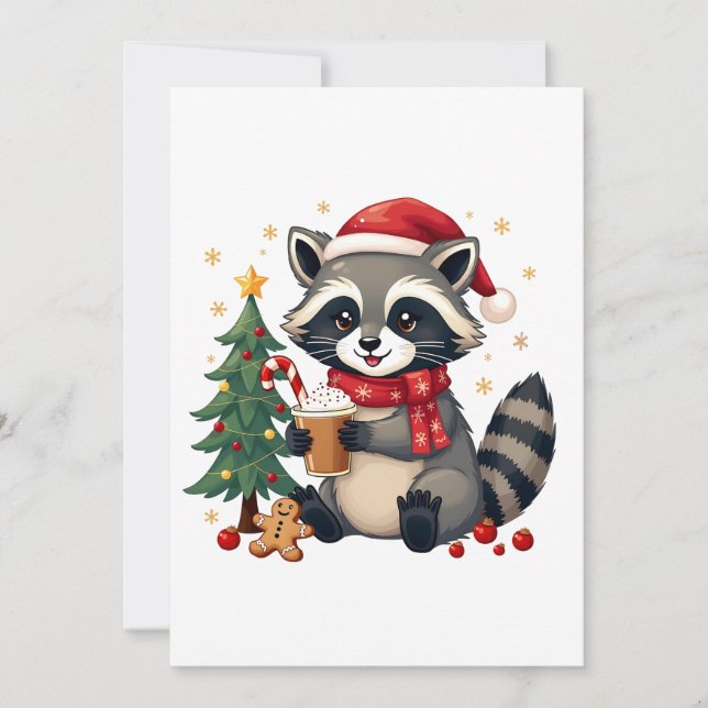 Convite Raccoon Vestindo Papai Noel Para Férias De Natal (Frente)