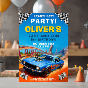 Convite Race Car Aniversário, Blue Muscular Car Party