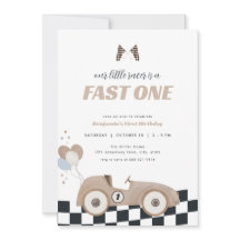 Race Car Beige Fast One First Birthday Invite 