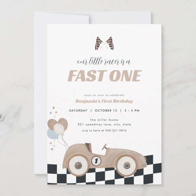 Convite Race Car Beige Fast One First Birthday Invite  (Frente)