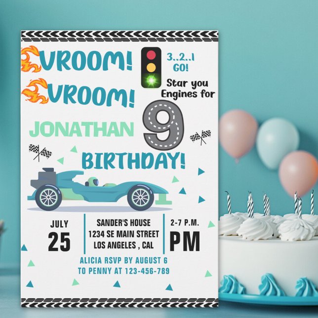 Convite Race Car Birthday 9th - Boys Racin Party (Criador carregado)