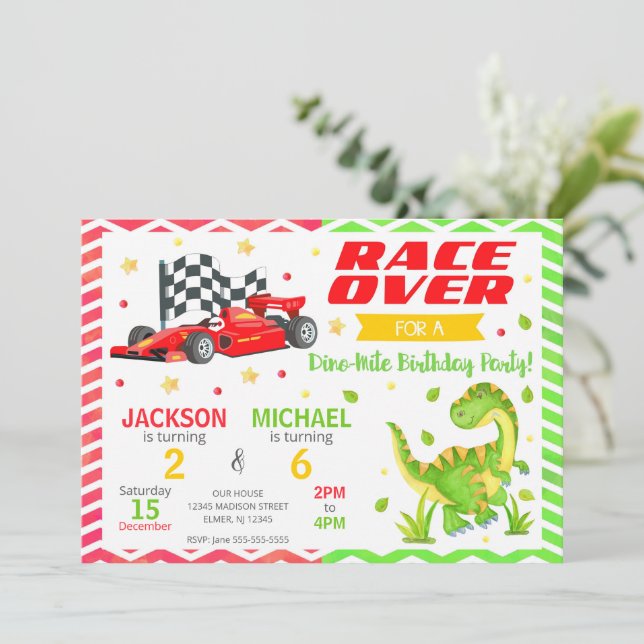 Convite Race Car & Dinosaur Joint Birthday Invitation (Em pé/Frente)