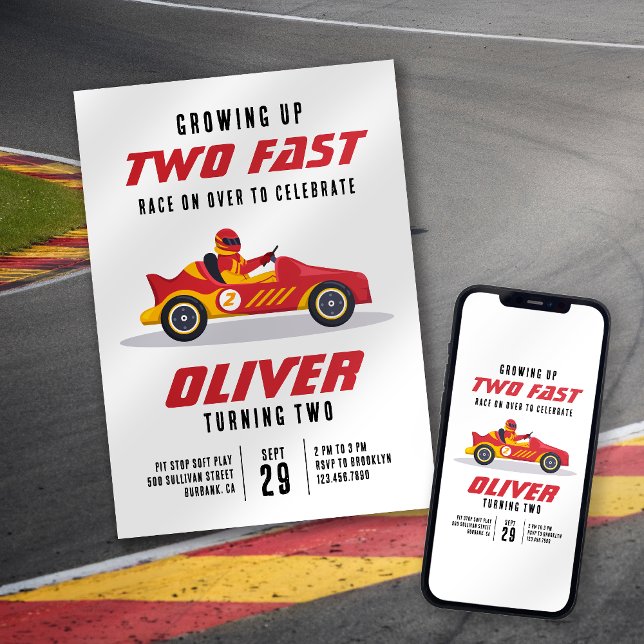 Convite Race Car Dois Festa Rápida de segundo aniversário (Criador carregado)