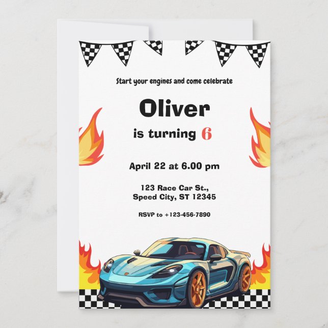 Convite Race Car Flames Birthday Party (Frente)