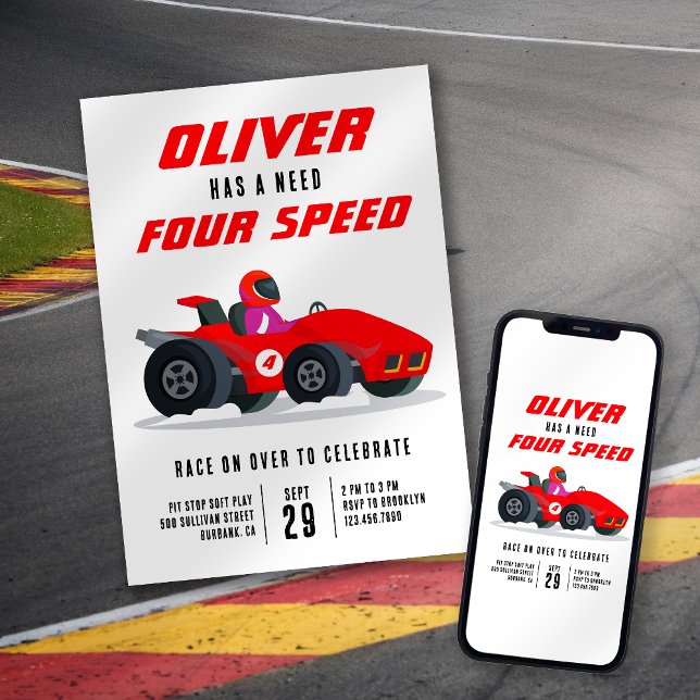 Convite Race Car Need for Speed 4th Birthday Party (Criador carregado)