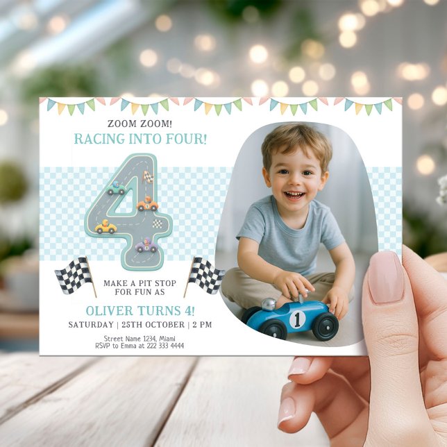 Convite Race Car Theme 4th Birthday Party (Criador carregado)