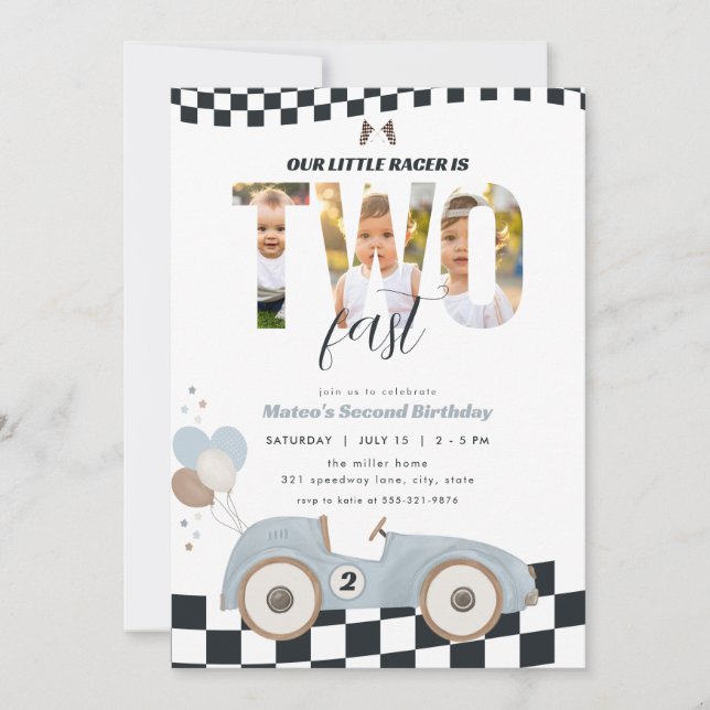 Convite Race Car Two Fast Second Birthday Invite w/ Photo (Frente)