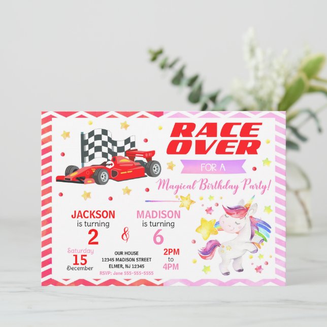 Convite Race Car & Unicorn Joint Birthday Invitation (Em pé/Frente)