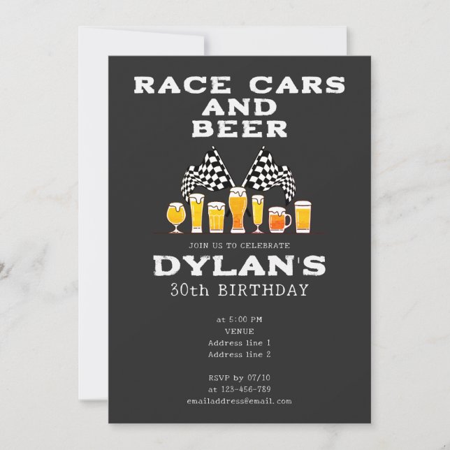 Convite Race Cars and Beer Checked Flag Raceday Birthday (Frente)