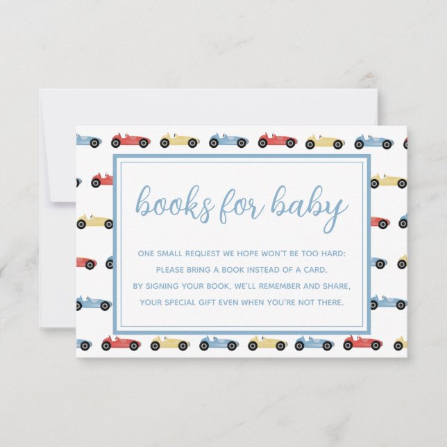 Convite Race Cars Blue Boy Baby Shower Books For Baby Card (Frente)