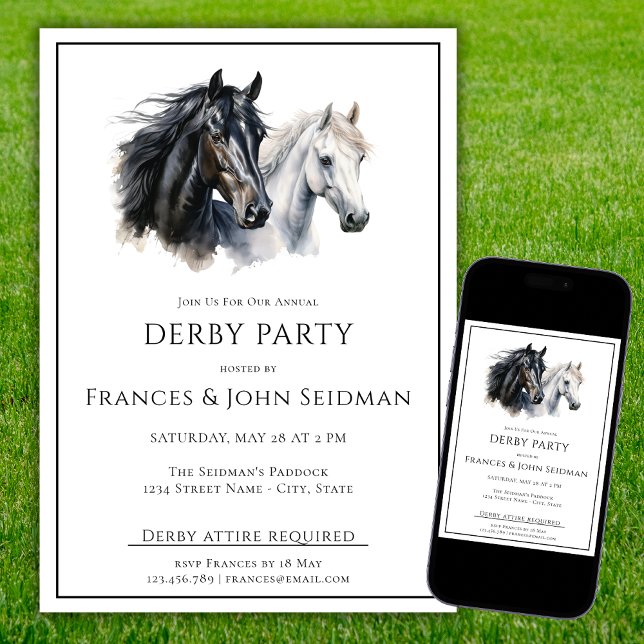 Convite Race Horse Derby Party Simples Elegante Branco (Criador carregado)