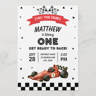 Convite Racecar First Birthday Retro Watercolor