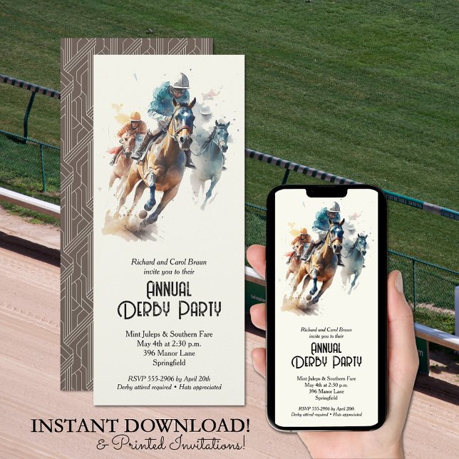 Convite Racecavalo e Jockeys Brown Derby Party (Racehorses and Jockeys Derby Party Invitations - INSTANT DOWNLOAD and/or PRINTED or both!)