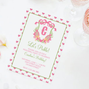 Convite Racetes de Pickleball Rosa e Verde com Brasão de M