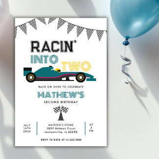 Convite Racin Into Two Race Car 2nd Birthday Party 