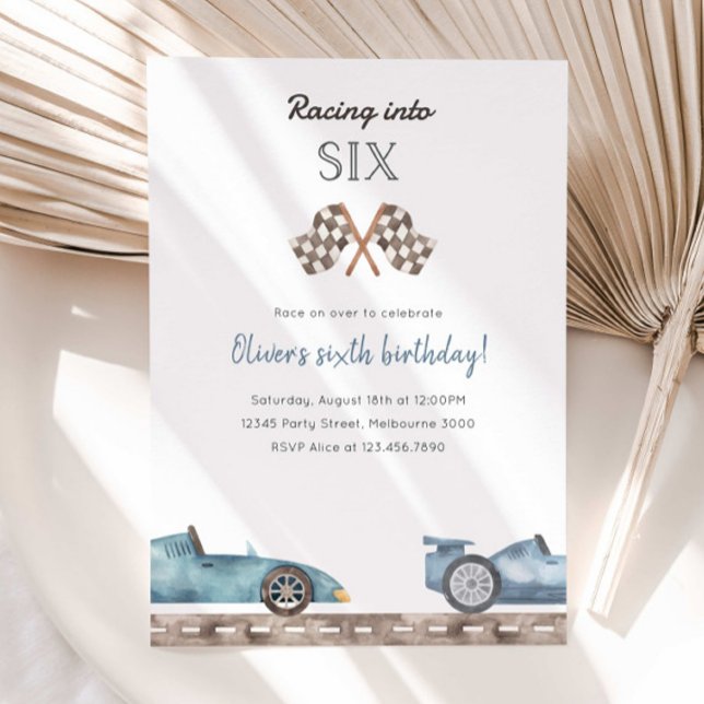 Convite Racing Into Six Blue Car 5th Birthday Invitation (Criador carregado)