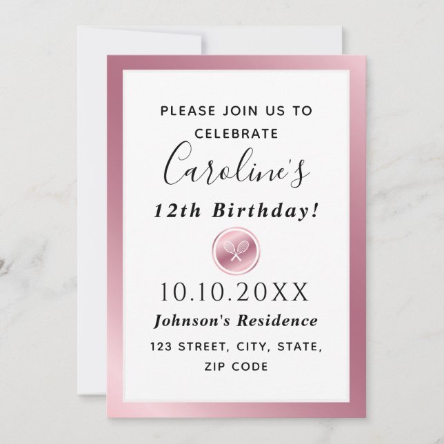 Convite Rackets de Tênis Dourada Elegante para Rosa, rapar (Frente)