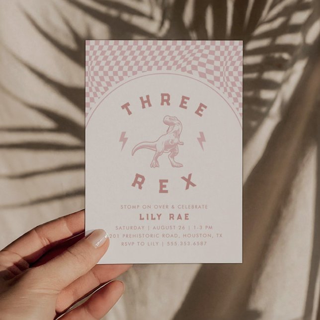Convite Rad Dinosaur Três Raparigas Rex Rosa Aniversário (Criador carregado)