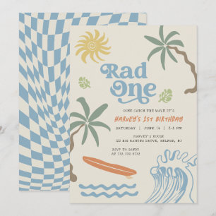 Convite Rad One Retro Surf Pequeno Cara Primeiro Aniversár