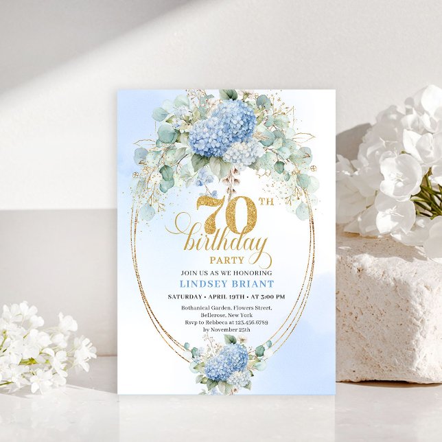 Convite Radiant Boho Blue Floral Gold Frame 70th Birthday (Radiant Blue Floral Gold Frame 70th Birthday Invite

)