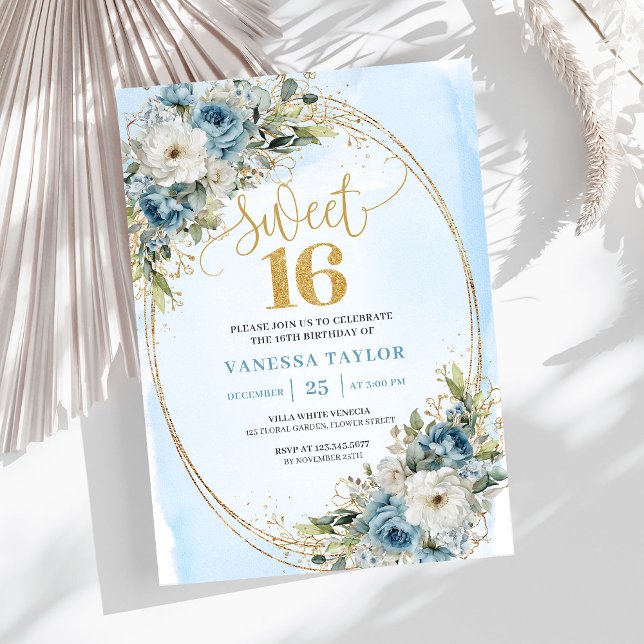 Convite Radiant Dusty Blue Floral Sweet Sixteen Birthday  (Radiant Dusty Blue Floral Sweet Sixteen Birthday Invitation

)