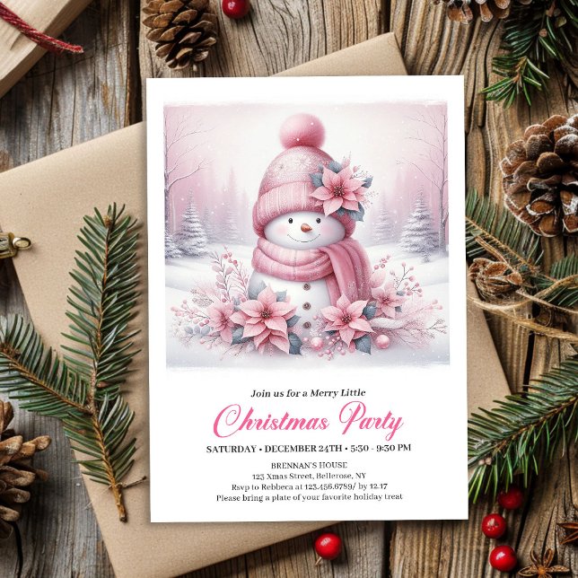 Convite Radiant Pink Coquette Snowman Kids Christmas  (Radiant Pink Coquette Snowman Kids Christmas Invite File)