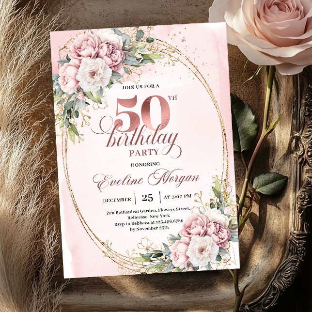 Convite Radiant Rose Gold Blush Floral 50th Birthday  (Radiant Rose Gold Blush Floral 50th Birthday Invitation

)