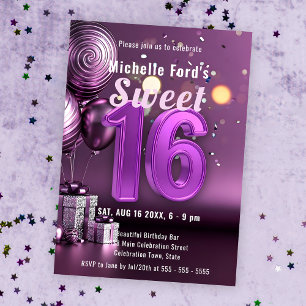 Convite Radiant Sweet 16 Sparkle com Elegância Roxa