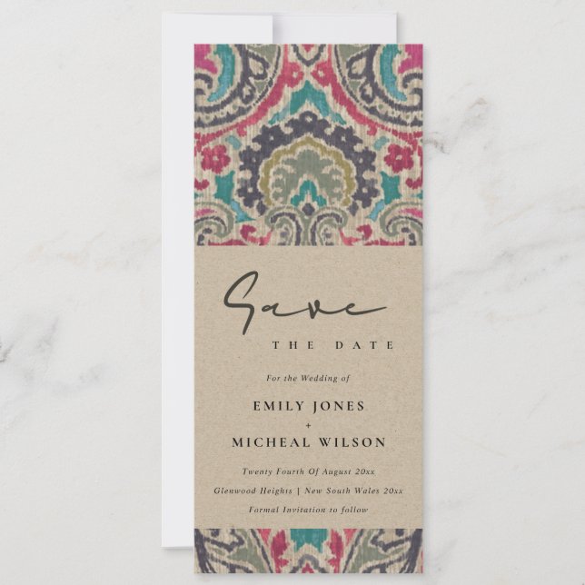 CONVITE RAFT BOHO TRIBAL IKAT PINK TEAL SALVE A DATA INVI (Frente)