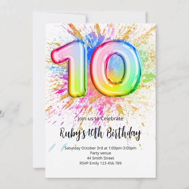 Convite Rainbow 10th Birthday Invitation (Frente)