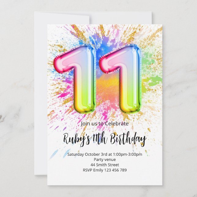 Convite Rainbow 11th Birthday Invitation (Frente)