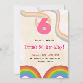 Convite Rainbow 6th Birthday Party, Girl Invitation