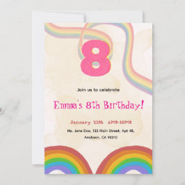 Convite Rainbow 8th Birthday Party, Pink Girl Invitation
