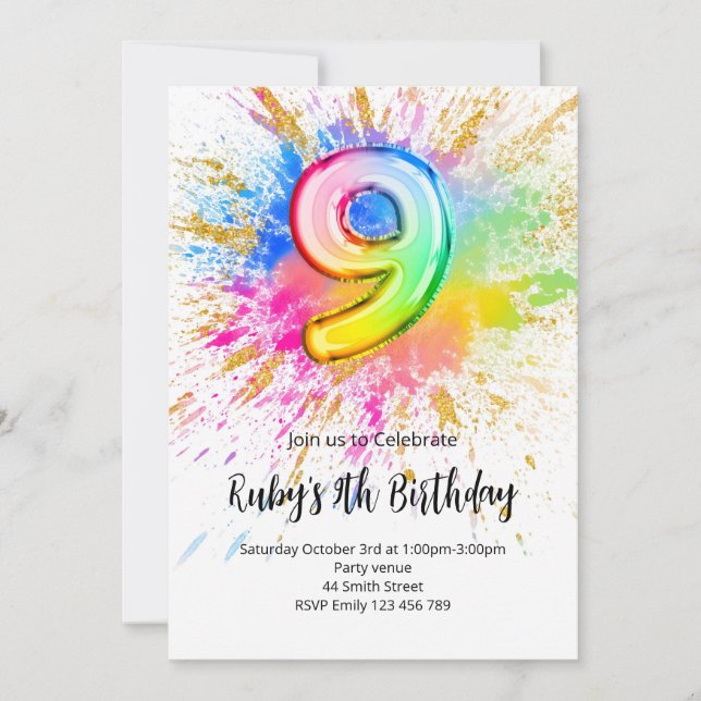 Convite Rainbow 9th Birthday Invitation (Frente)