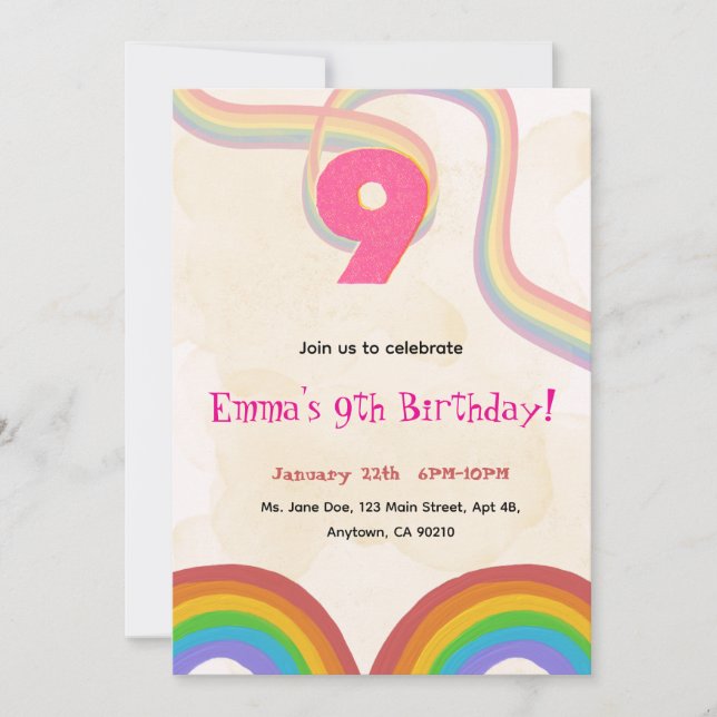 Convite  Rainbow 9th Birthday Party Invitation (Frente)