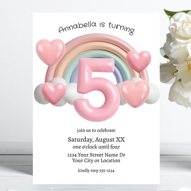 Convite Rainbow and Hearts 3D 5th Birthday Party (Criador carregado)