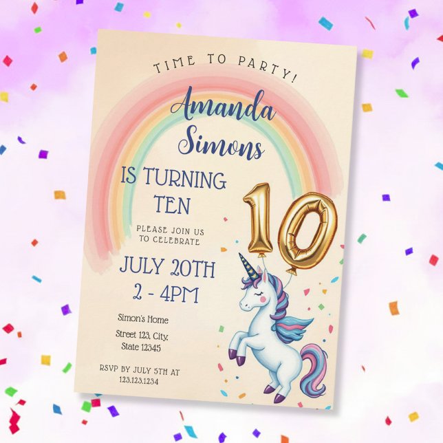 Convite Rainbow Arch Unicorn Confetti Girl 10th Birthday (Criador carregado)