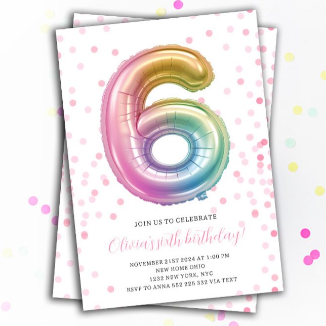 Convite Rainbow Balloon 6 Birthday (6th Rainbow Balloon Number Girl party Birthday Invitations)