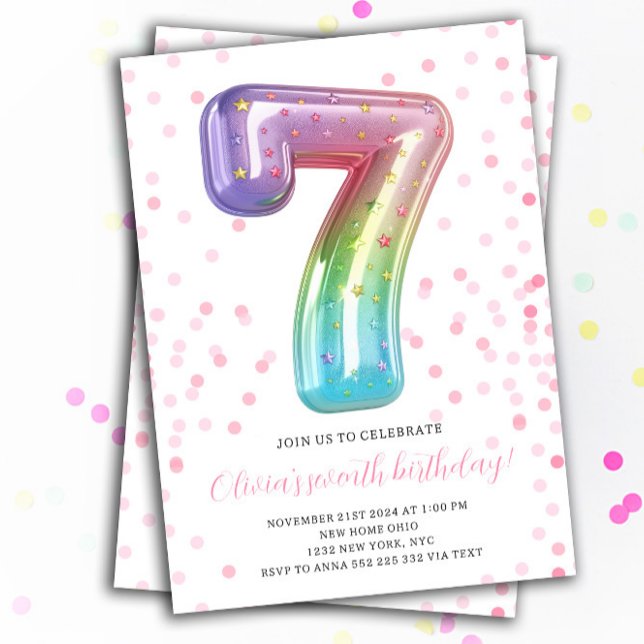 Convite Rainbow Balloon 7 Birthday (7th Birthday Rainbow Balloon Number Girl Invitations)